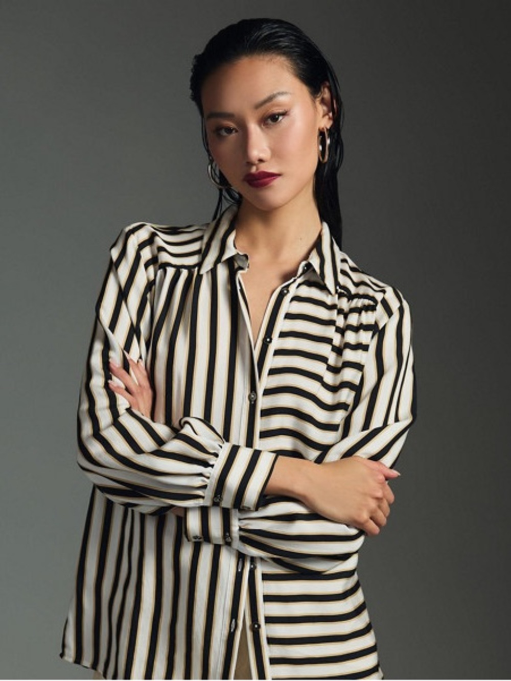 Anthropologie Ivory Blouse with Black and Gold Stripes